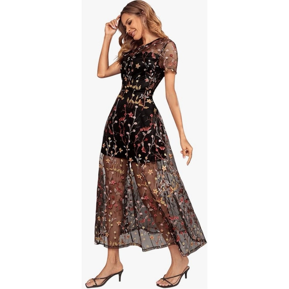 NWT Anthropologie Endless Rose Black Floral Embroidered Sheer Mesh Maxi Dress‎ S